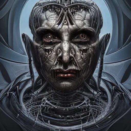 Prompt: surreal portrait of a man by Greg Rutkowski and H.R Giger, symmetrical face, biomechanical transhuman god, disturbing, terrifying but fascinating, with a determined and sinister expression on his face, cosmic void background, frightening, fascinating, highly detailed portrait, digital painting, book cover, artstation, concept art, smooth, sharp foccus ilustration, Artstation HQ