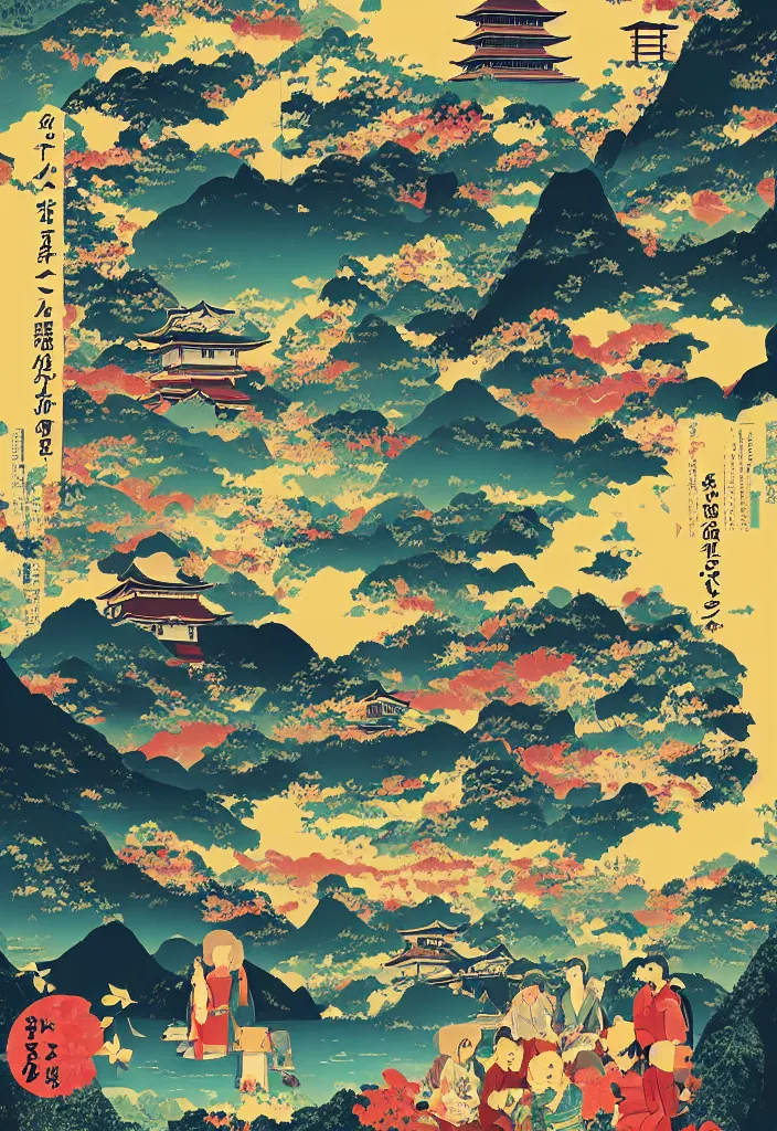 Image similar to highly creative award winning poster art collage to promote a TV series about discovering the wonders of the Japanese countryside, bold graphic design