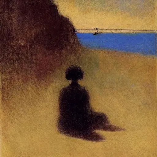 Image similar to a woman and her black and brown chihuahua looking out to sea by odilon redon