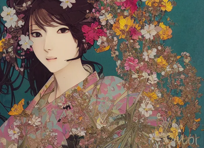 Image similar to oil painting, long shot, beautiful floralpunk japanese bio mechanical female illustration detailed patterns art of japan traditional dress, flower pop art, floral splash painting, art by ashley wood, alphonse mucha, makoto shinkai, geof darrow, dark shadow