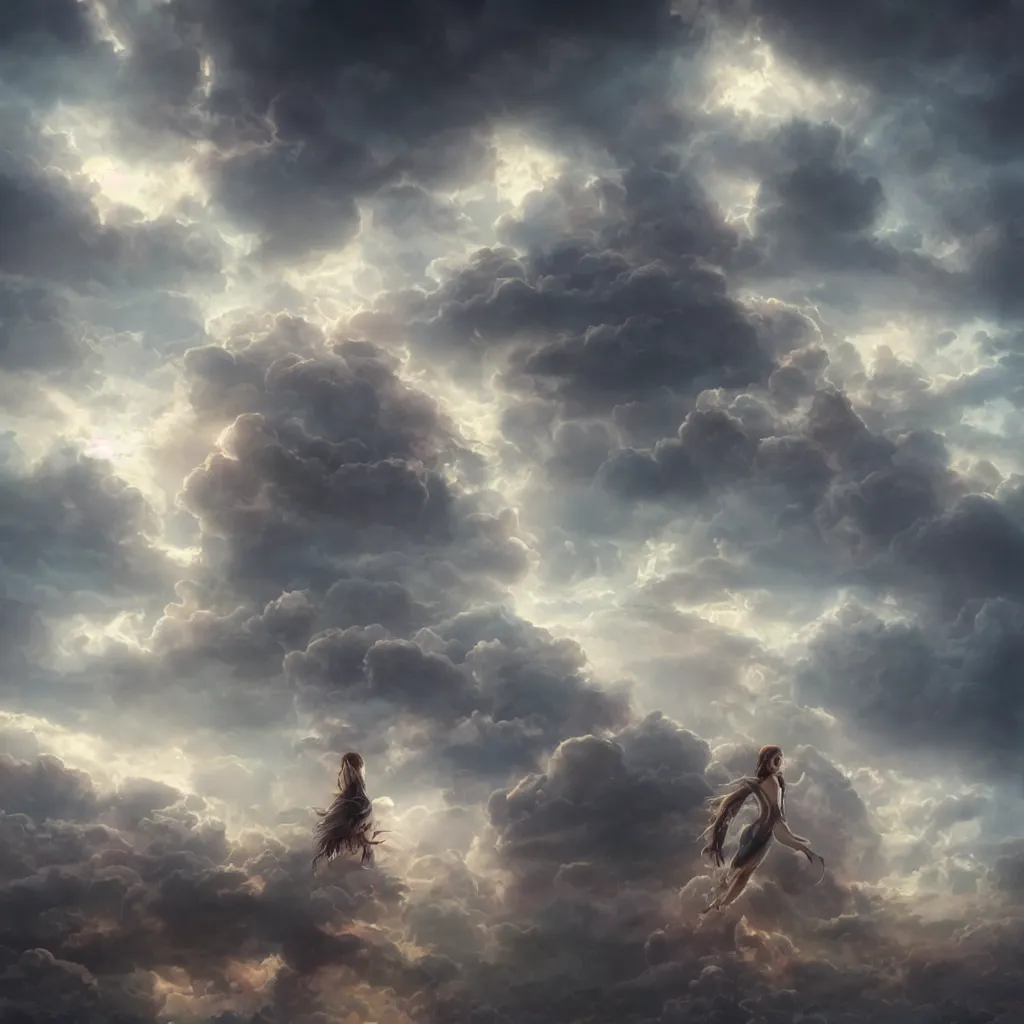 Prompt: lost soul in the clouds, epic shot, very detailed, clear, dawn, by artgerm, julie bell, beeple and Greg Rutkowski, airbrush, fantasy, 90s, Smooth gradients, octane render, 8k, High contrast, depth of field, very coherent artwork