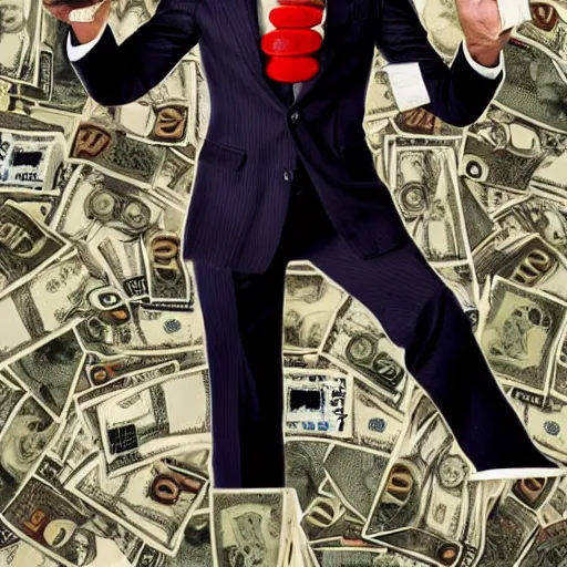 Image similar to Pennywise the clown wearing a suit and holding a stash of banknotes in his hands, full body shot, highly-detailed