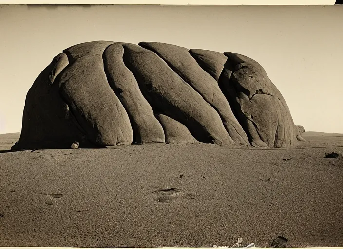 Prompt: Distant view of a huge inselberg carved by the wind and sand, towering over sparse desert vegetation, rocks and boulder, albumen silver print, Smithsonian American Art Museum