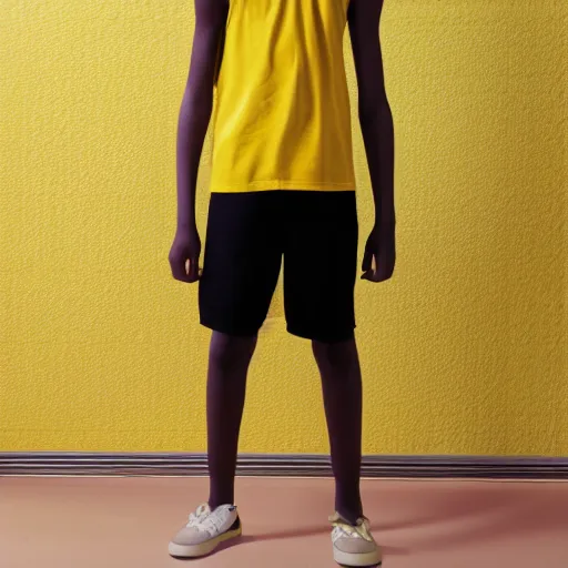 Image similar to black teenage boy with a long nose wearing a white tank top, walking in a nostalgic room with yellow walls and brown carpet