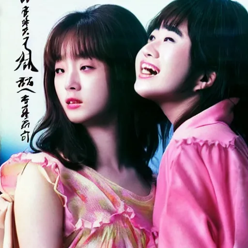 Image similar to 1990s, unbelievably beautiful, perfect, dynamic, epic, cinematic 8K HD movie shot of two semi-close-up japanese beautiful cute young J-Pop idols actresses girls, they express joy and posing together. By a Chinese movie director. Motion, VFX, Inspirational arthouse, high budget, hollywood style, at Behance, at Netflix, with Instagram filters, Photoshop, Adobe Lightroom, Adobe After Effects, taken with polaroid kodak portra