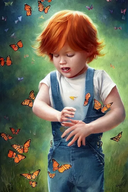 Prompt: a three year old boy with ginger hair wearing denim overalls chasing butterflies. clean elegant painting, beautiful detailed face, lots of butterflies. by artgerm and greg rutkowski