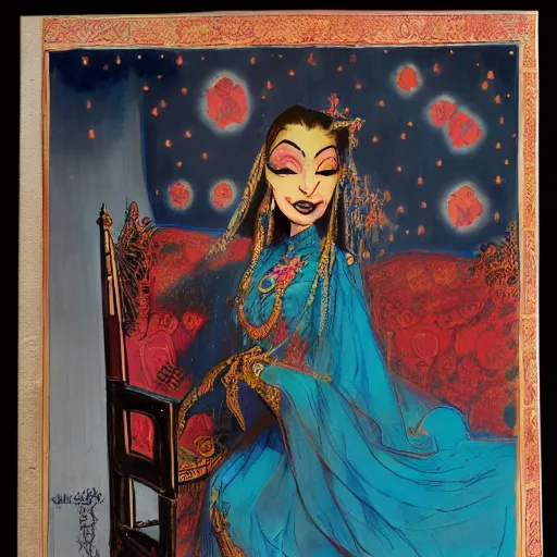 Image similar to an illustration of a dark queen on a throne, oriental, arabic, at night by marc davis, realistic, gouache, painting