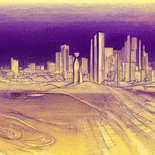 Image similar to a drawing of tel aviv, concept art by mikalojus konstantinas ciurlionis, pixiv, vorticism, concept art, dystopian art, official art