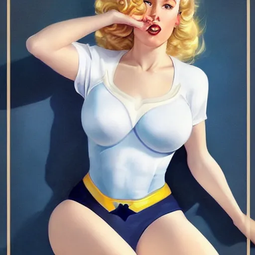 Image similar to a beautiful pin - up portrait of a beautiful cute superhero woman, blonde hair, matte navy - blue bodysuit, white cape, intricate, elegant, 8 k, highly detailed, digital painting, concept art, smooth, sharp focus, illustration, by norman rockwell and artgerm and loish and wlop