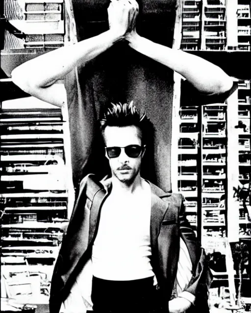 Prompt: Tyler Durden photographed by helmut newton, 1977, studio photography, award winning, cdx,