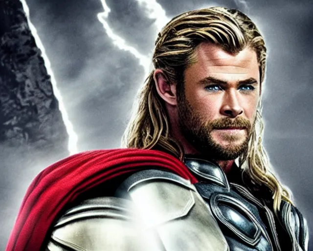 Image similar to chris hemsworth as thor with exaggerated drag queen makeup, cinematic shot, hyper detailed, cinematic