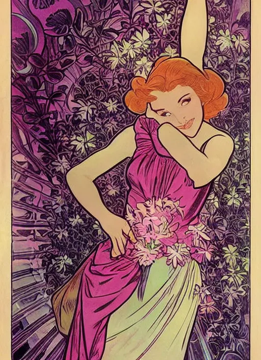 Image similar to a beautiful young woman. she is a flower fairy. well composed, clean elegant painting, beautiful detailed face. retro comic book art by steve ditko and jack kirby and ( alphonse mucha )