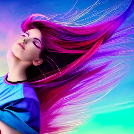 Image similar to a award winning full body shot of a beautiful woman in a croptop with a ombre purple pink teal hairstyle with head in motion and hair flying, outrun, vaporware, vivid colors, highly detailed, fine detail, intricate