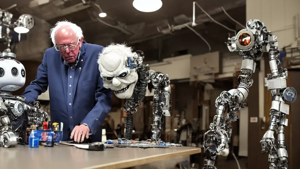 Image similar to bernie sanders putting the finishing touches on a ( ( cute ) ) clockwork doomsday robot, cinematic moody lighting, sharp focus, imax