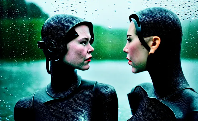 Image similar to cinestill 5 0 d candid action photographic portrait by quentin tarantino of two loving female androids wearing rugged black mesh techwear in treacherous waters, extreme closeup, modern cyberpunk retrofuturism moody emotional cinematic, pouring iridescent rain, 8 k, hd, high resolution, 3 5 mm, f / 3 2, motion blur, ultra realistic faces, ex machina