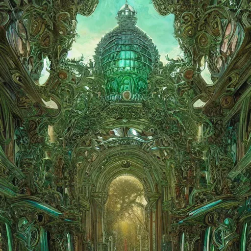 Image similar to a detailed oil painting by michael whelan and donato giancola of an intricate, ornate palace made of green, polished, swirling malachite and jade, hyper detailed, hd, artstation, beautiful sunrise lighting, surrounded by trees