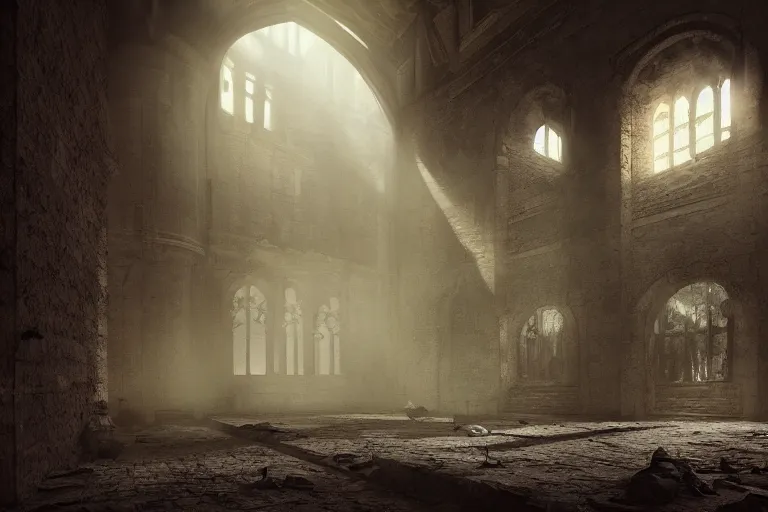 Prompt: when a shadow is forced into the light, abandoned castle halls, dramatic, cinematic, matte painting, cgsociety, artstation, 4k