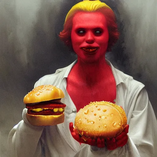 Image similar to A Satanic Ronald McDonald eating a hamburger and fries, horror, intricate, moody, highly detailed, artstation, concept art, smooth, sharp focus, illustration, art by greg rutkowski and orientalism and bouguereau and Zdzislaw Beksinski, good clear quality, lighting, biology, symmetrical artwork, slop, evil, 135 mm, cinematic, hyper realism, high detail, octane render, 8k, chrome accents