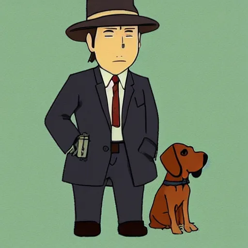 Image similar to a beagle wearing a business suit and fedora, studio ghibli