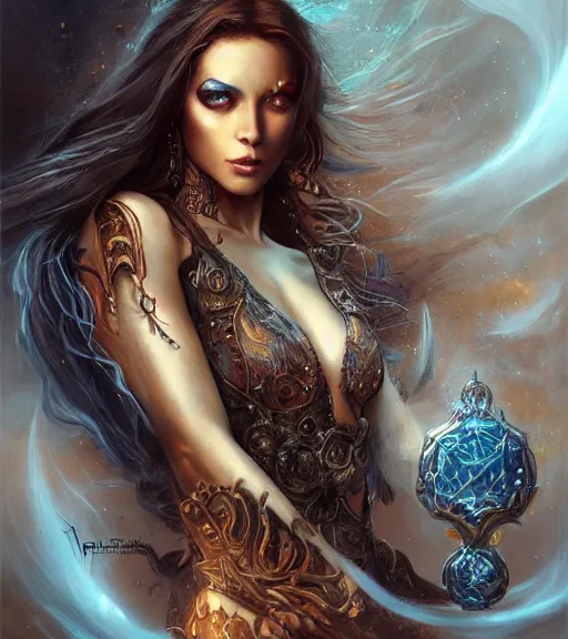 Image similar to a higly detailed full body shot portrait painting of a female sorceress with piercing beautiful eyes, dynamic lighting, ambient lighting, deviantart, art by artgerm and karol bak and mark brooks