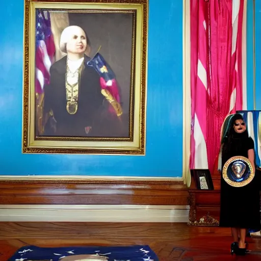 Image similar to president photo of Nicki Minaj real portrait, flag of Argentina behind, background out of focus, in the presidential room,