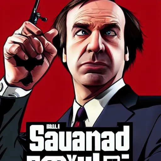 Prompt: saul goodman in the style of gta v cover art