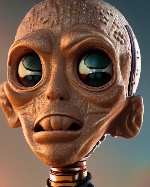 Image similar to highly detailed closeup, face profile portrait of a tin toy mars attacks, depth of field, fashion photoshoot by nicoletta ceccoli, mark ryden, lostfish, dan decarlo, bob clampett, max fleischer, breathtaking, detailed and intricate environment, 8 k resolution, hyperrealistic, octane render
