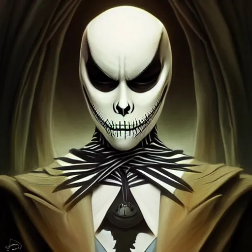 Image similar to symmetry!! beautifull portrait of jack skellington, intricate, elegant, highly detailed, my rendition, digital painting, artstation, concept art, smooth, sharp focus, illustration, art by artgerm and greg rutkowski and alphonse mucha