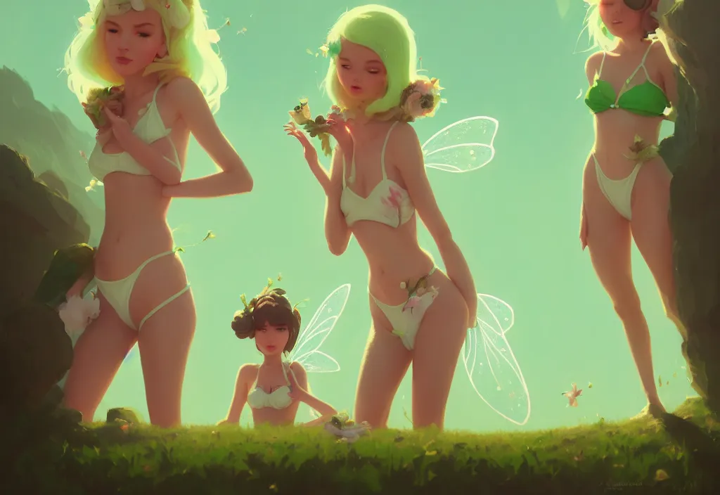 Prompt: portrait of two cute fairies in flower bikinis with joe biden, fantasy, by atey ghailan, by greg rutkowski, by greg tocchini, by james gilleard, by joe gb fenton, dynamic lighting, gradient light green, brown, blonde cream, salad and white color in scheme, grunge aesthetic
