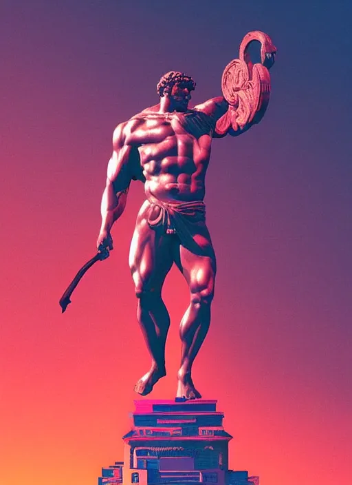 Image similar to statue of hercules, heroic, beeple, android jones, dan mumford, vaporwave, retrowave, black background, neon wiring, black, glitch, strong contrast, cuts, pinterest, trending on artstation