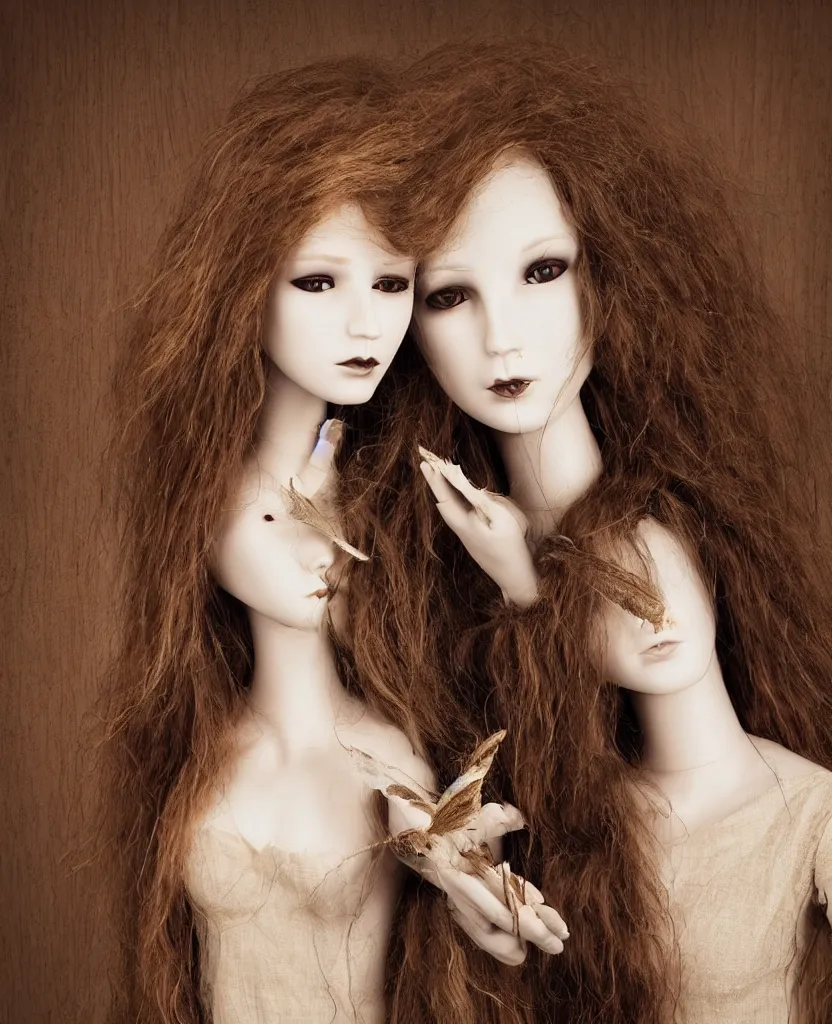 Prompt: head and shoulders portrait of a beautiful female mannequin, jointed wooden dolls with long flowing hair, holding each other, holding a large moth in her hands, beautifully disturbing, gothic, taxidermy, by Nina Masic by Flora Borsi