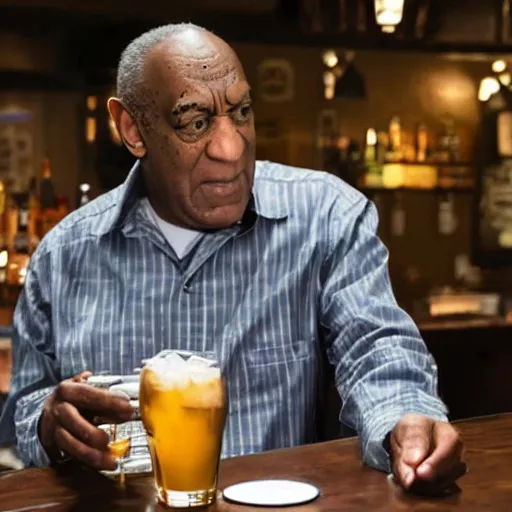 Image similar to bill cosby serving drinks at a bar. photorealistic ultra high definition. movie still.