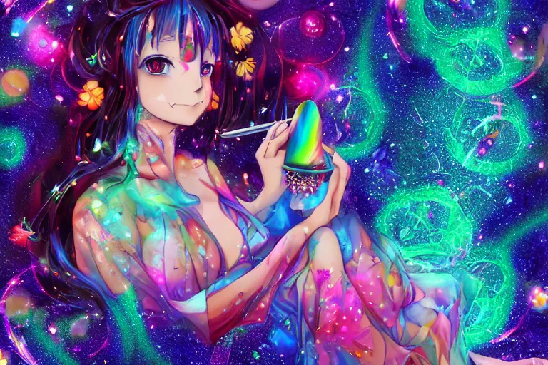 prompthunt: psychedelic, whimsical, anime, 4k, beautiful seductive woman  with fox ears smoking weed, with professional makeup, long trippy hair, a  crystal and flower dress, sitting on a reflective pool, surrounded by gems,