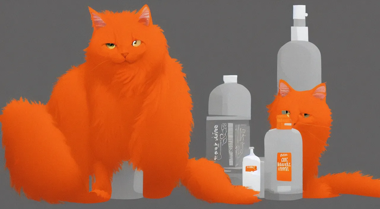 Image similar to a fluffy orange cat standing next to a bottle of medicine. animal. digital art. artstation. illustration. overlay color.