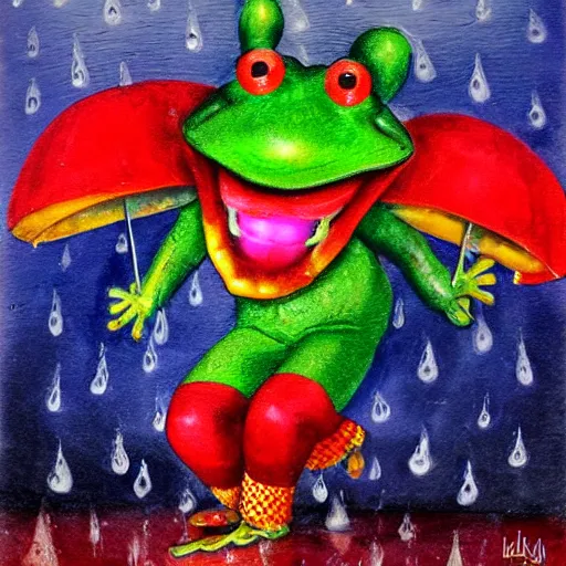 Prompt: clown dAncing in the rain with a frog - n 4