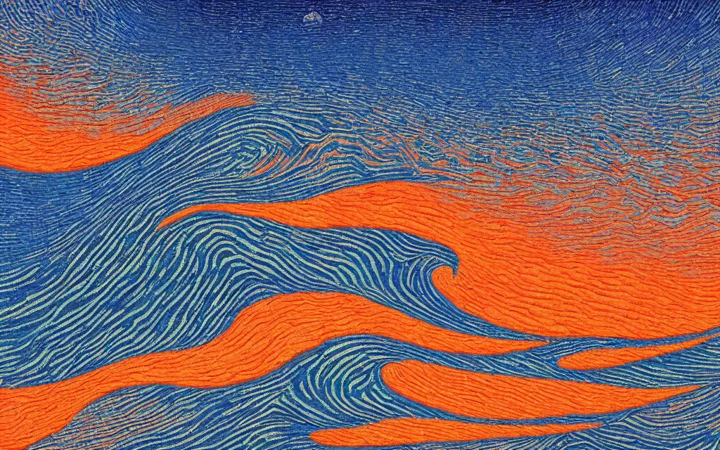 Image similar to a beutiful sunset on a beach, fractal waves. japanese embroidery. retro minimalist art by jean giraud and van gogh.