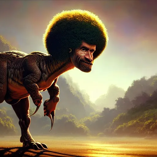 Image similar to bob ross!!! riding!!! a dinosaur!!, giant afro!, model pose, ultra realistic, concept art, intricate details, highly detailed, photorealistic, octane render, 8 k, unreal engine. art by artgerm and greg rutkowski and alphonse mucha