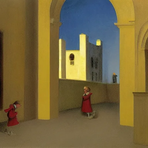 Image similar to in the distance, a little girl with short black hair and wearing a yellow coat alone in the inner courtyard of a cloister in an abbey, the light is bright and wintry, painting by hopper and de chirico