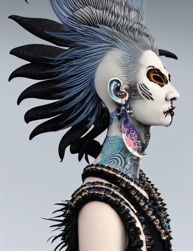 Image similar to 3 d goddess close - up profile portrait punk with mohawk with ram skull. beautiful intricately detailed japanese crow kitsune mask and clasical japanese kimono. betta fish, jellyfish phoenix, bio luminescent, plasma, ice, water, wind, creature, artwork by tooth wu and wlop and beeple and greg rutkowski