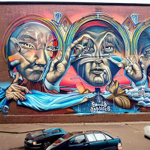 Image similar to hypperealistic art mural,'the saints'street gang mural