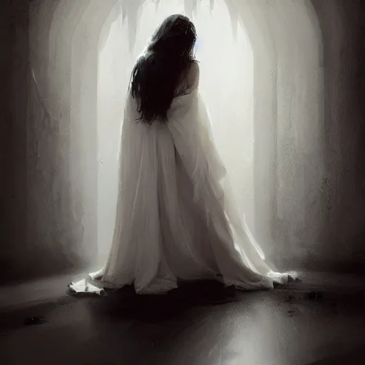 Image similar to A girl wearing a white dress and a black veil, hugging herself in a corner of a dark room hiding from demons by Greg Rutkowski, realism, trending on Artstation