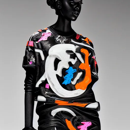 Image similar to black marble statue of a beautiful woman with colorful motocross logos in the style of virgil abloh, very very beautiful, detailed, off white, heron preston, 8 k, 4 k, detailed, beautiful, symmetrical, vogue, editorial, fashion, magazine, museum lighting, museum, gallery