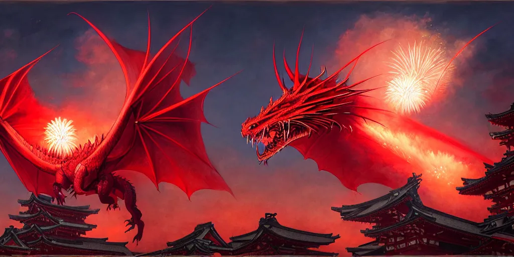 Image similar to Stunning Portrait of A Red dragon flying above a Feudal Japan temple during a fire works festival at night by Kim Jung Gi, Blizzard Concept Art Studio Ghibli. oil paint. 4k. by brom, Intense fireworks by Ross Tran, Greg Rutkowski, Mark Arian, soft render, octane, highly detailed painting, artstation