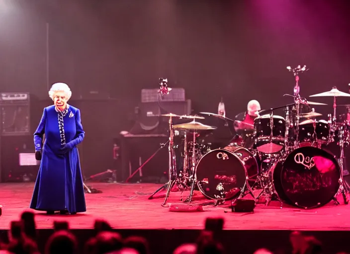 Image similar to publicity photo still of queen elizabeth in a death metal band playing live on stage, 8 k, live concert lighting, mid shot