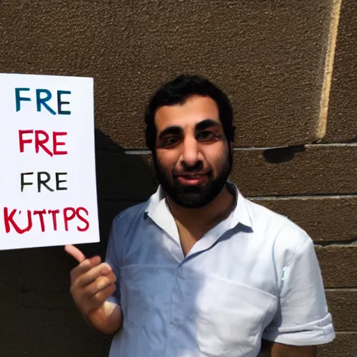 Image similar to photo of emad holding a sign saying free kittens