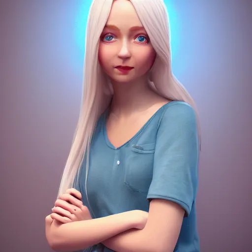 Image similar to Render of Lily, a cute 3d young woman, long white hair, full round face, light blue eyes, bisque skin tone, cute freckles, light red blush, smiling softly,wearing casual clothing, interior lighting, cozy living room background, medium shot, mid-shot, hyperdetailed, trending on Artstation, Unreal Engine 4k