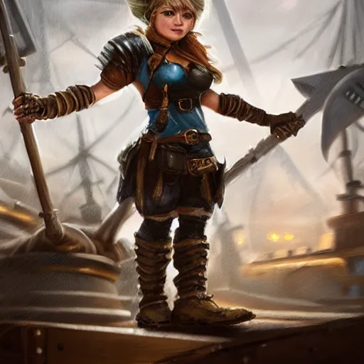 Image similar to full body portrait of a scrappy female gnome engineer with pixie undercut hair, one of her arms is a prosthetic metal thunder gauntlet, standing on a ship deck, naval background, fantasy, D&D, highly detailed, digital painting, HD, trending on ArtStation, dark fantasy, great composition, concept art, matte, sharp focus, illustration, by Greg Rutkowski