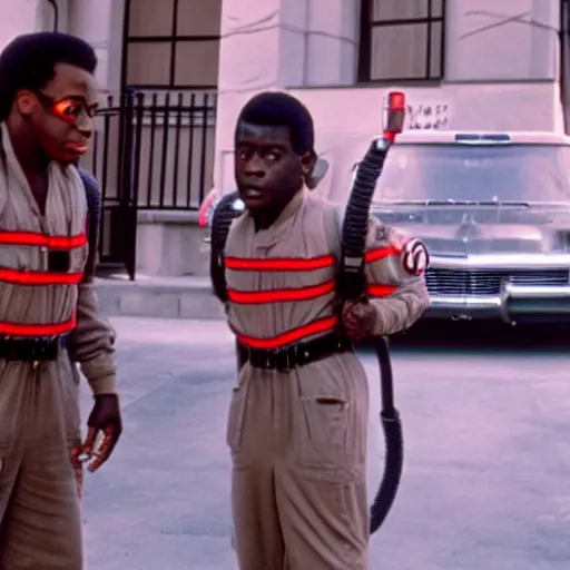 Image similar to young Eddie Murphy as a Ghostbuster in a still from the movie Ghostbusters 8k hdr