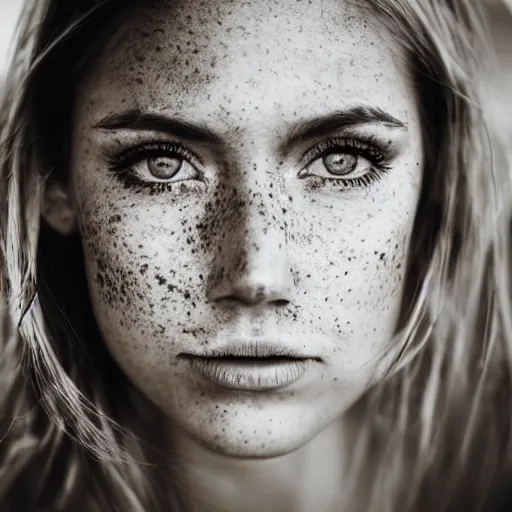 Image similar to a close - up portrait of a beautiful young woman with freckles, long dark eyelashes and amber eyes looking at the camera, liquid gold is running across her face. desert ambiance, dusty sky, professional photography