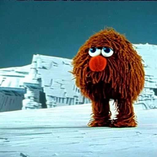 Image similar to Mr. Snuffleupagus walking along the planet Hoth